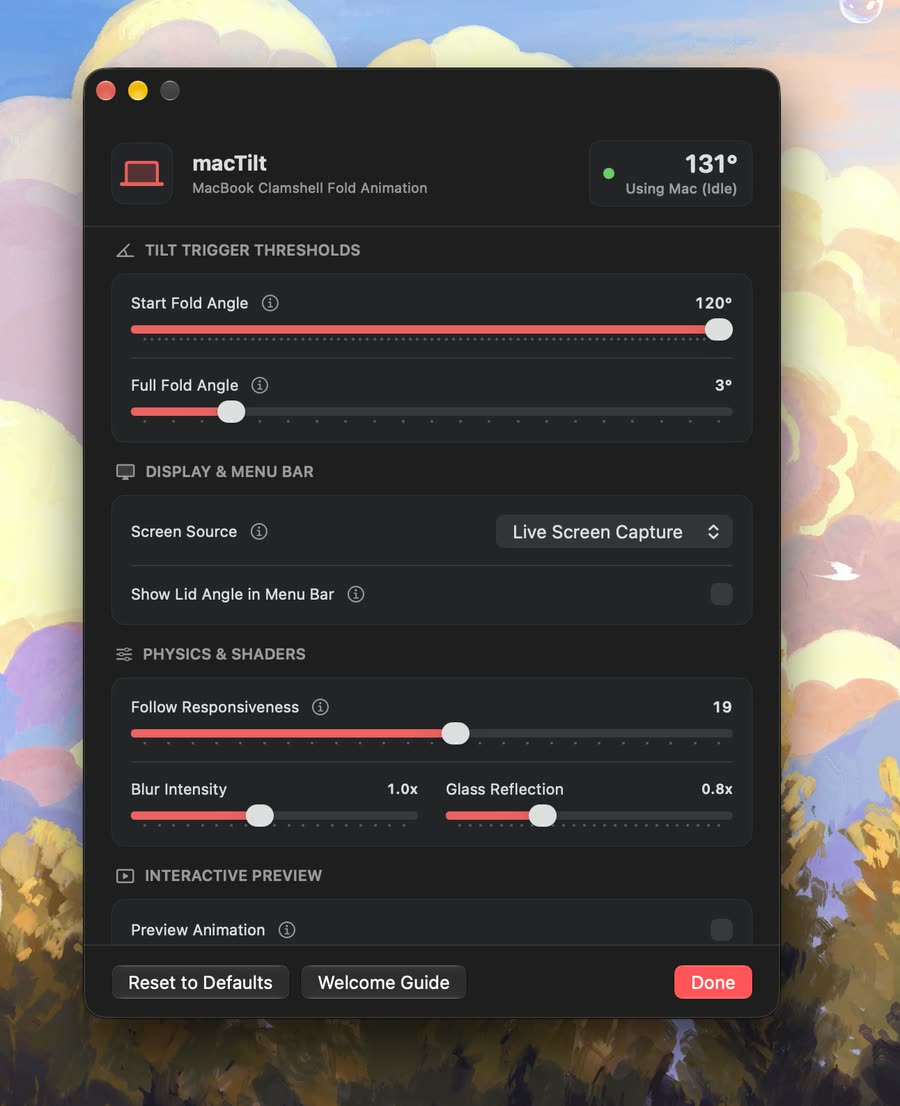 macTilt settings window showing tilt thresholds, display and physics controls